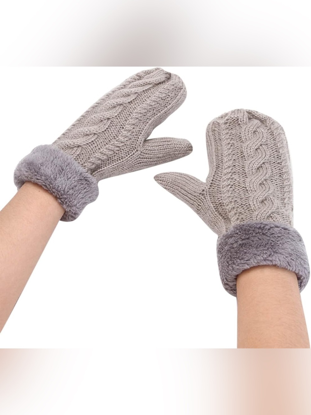 Cozy Cable Knit Fleece-Lined Mittens — Light Gray